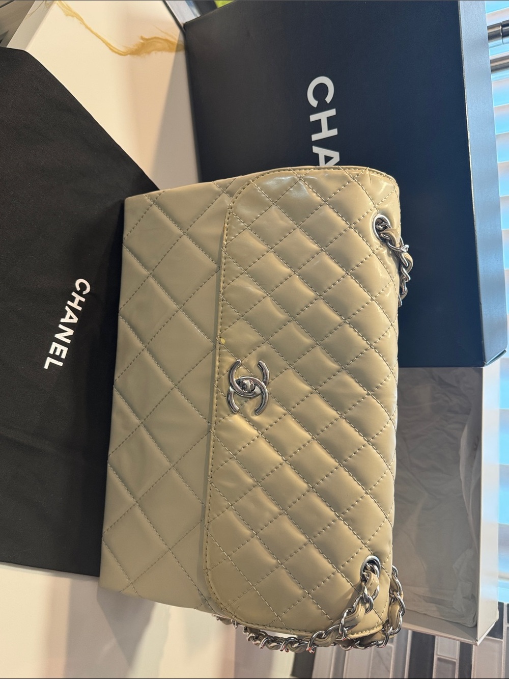 CHANEL Quilted Lambskin Shoulder Bag in Beige with Silver Hardware - Picture 2 of 14